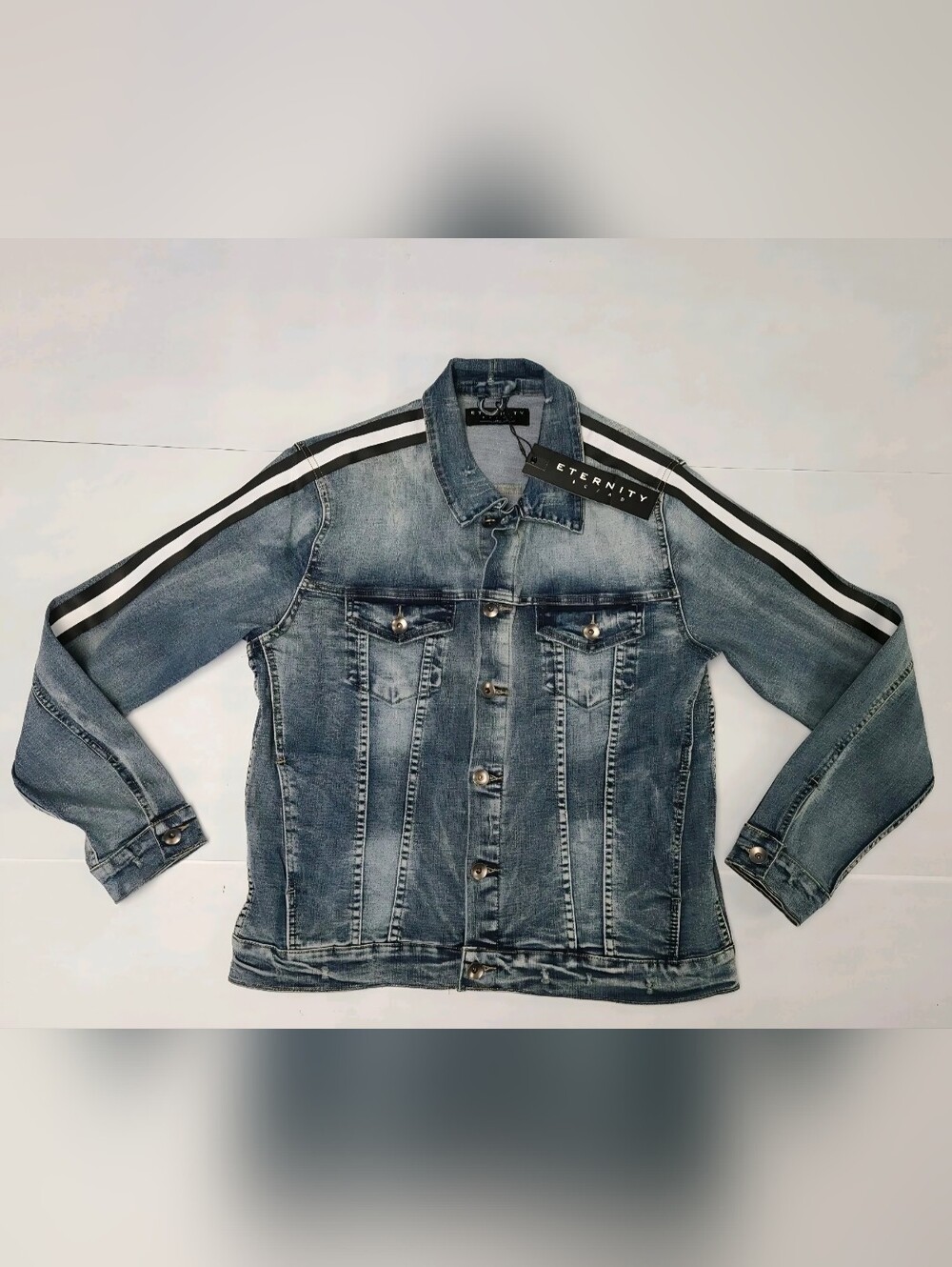 Eternity Men's Jean Jacket Sleeve Stripe B&W Light Med Wash Size Large